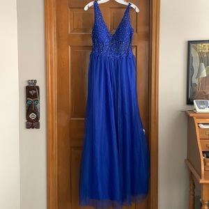 Royal blue lace sheer sparkly prom dress